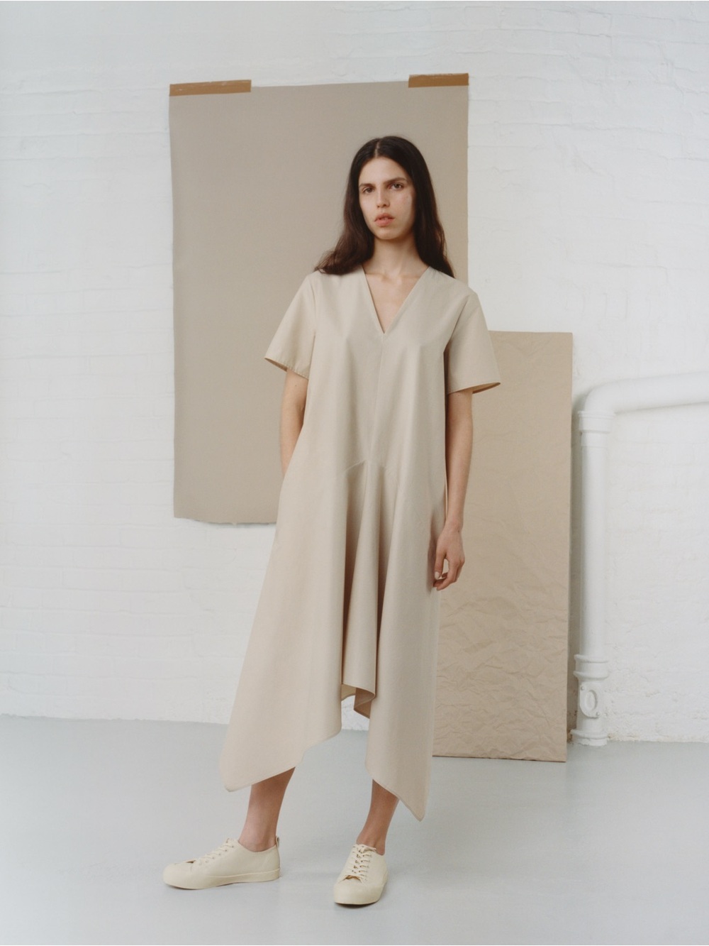 COS Beige Cotton V-Neck Square Drape Dress Size8 (Dorothea Rockburne Collab)